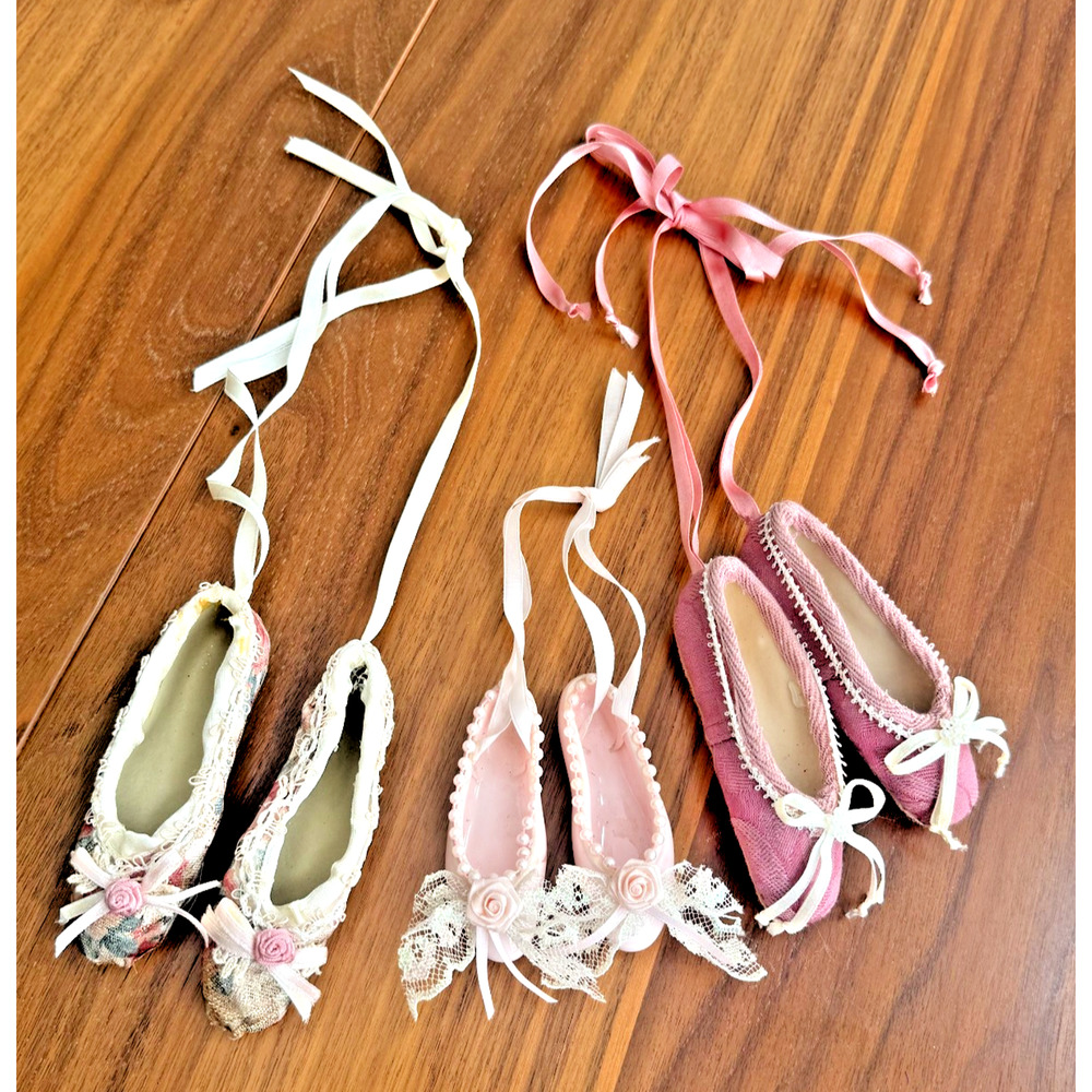 3 Pair Vintage Porcelain & Fabric Pink Hang Ballet Slippers Shoe Dance Ornaments